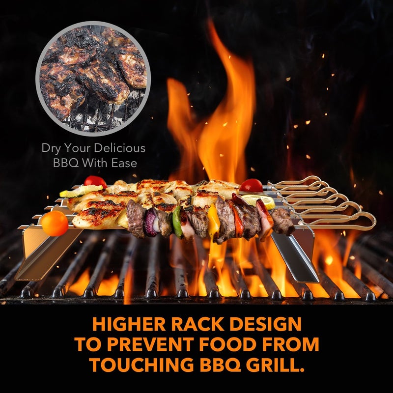 BearMoo Stainless Steel Shish Kabob Skewers - 17' Long, 0.35' Wide BBQ Skewers (Set of 6) + 2 Grill Racks + 1 Storage Case - Image 2
